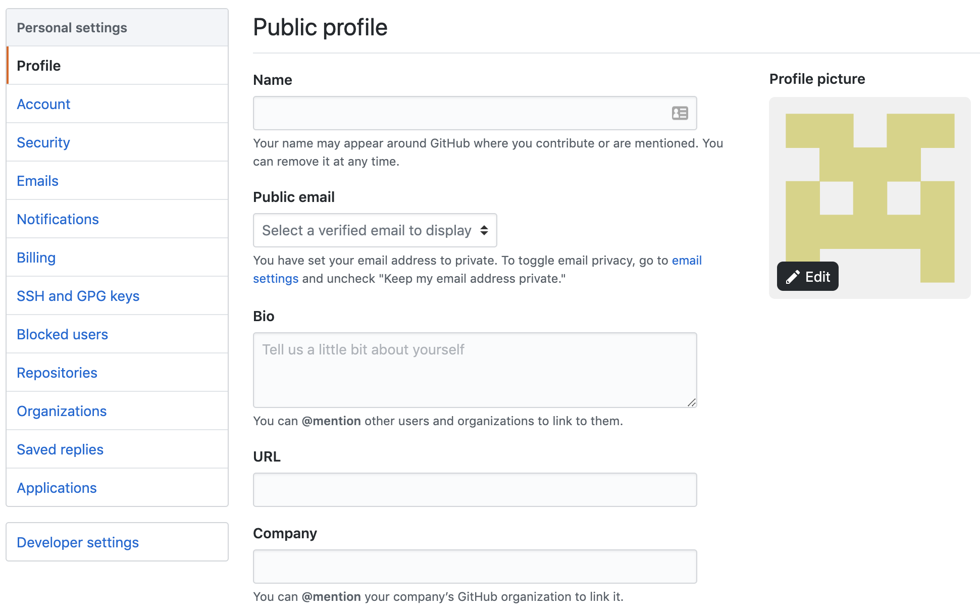 GitHub settings page
